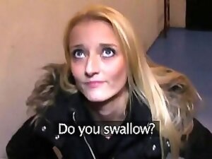 Blonde slut sucks dick in public